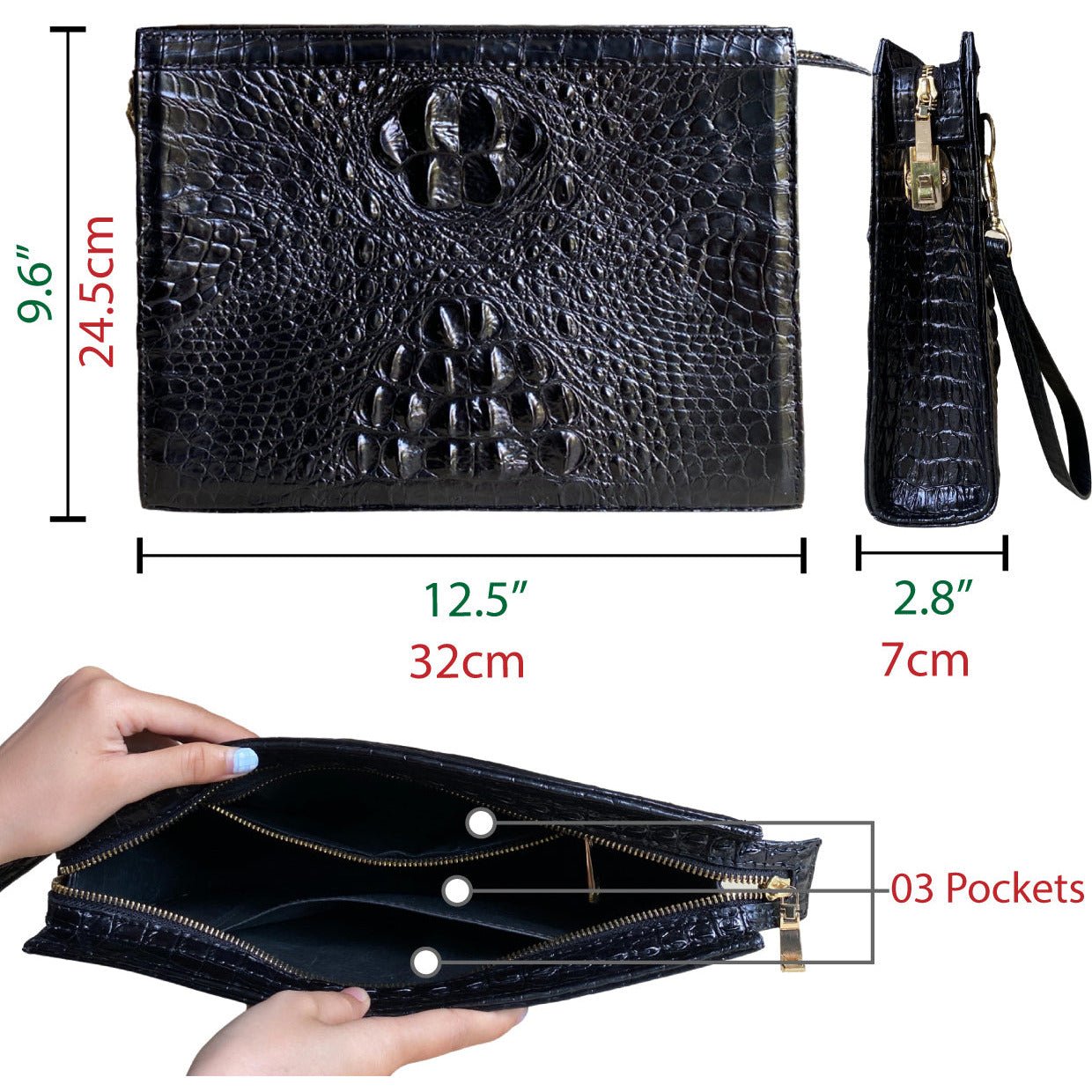 Black Cow Leather Large Clutch Bags Python Effect Message Handbags |  Baginning
